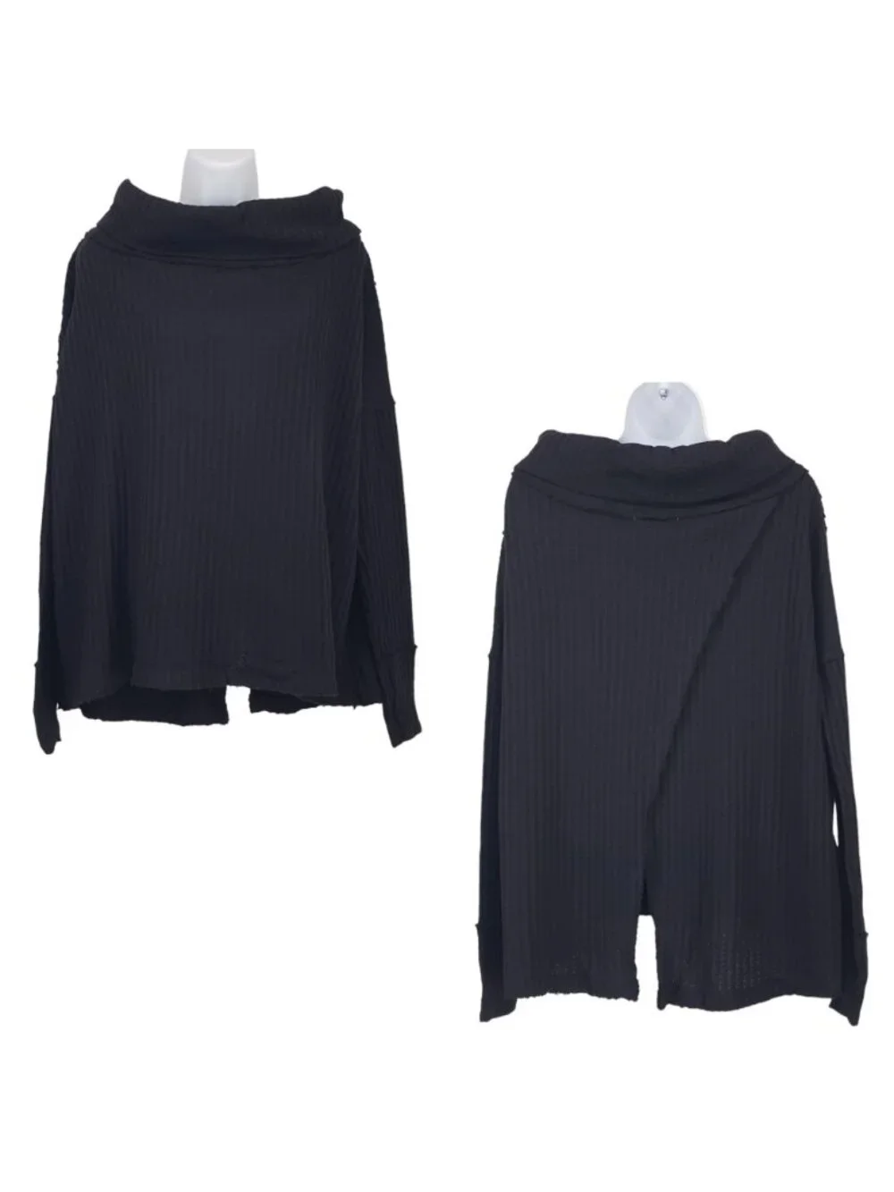 Free People Coastal Boho Beachy Oversized‎ Waffle Knit Top Split Back Blk M NWT
